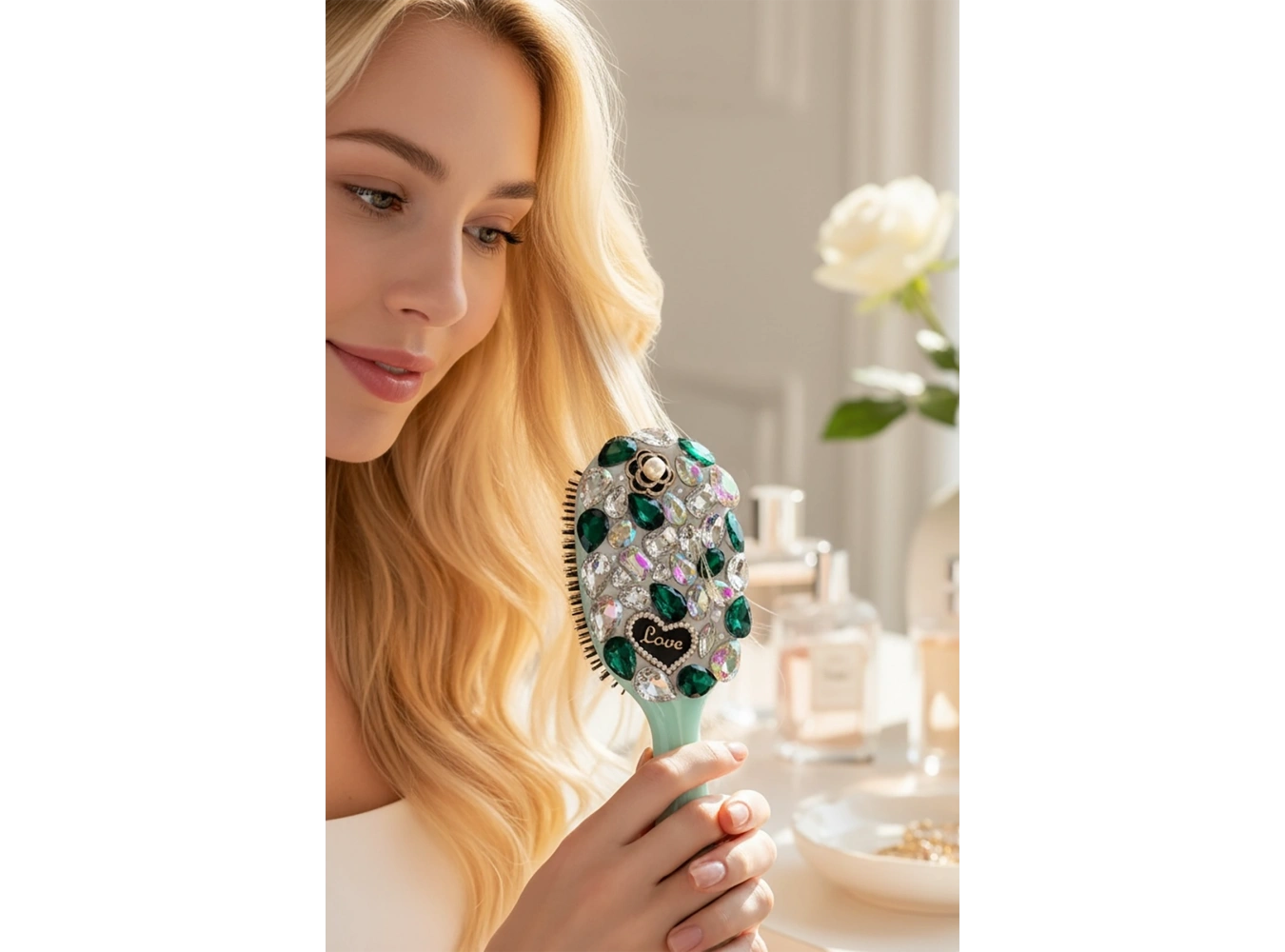 Yeşil Renk Taş Ve Love Yazılı Saç Tarama Fırçası/ Tarak