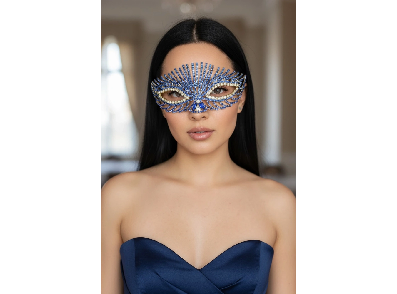 Altın Renk Mavi Taş Detaylı Tasarım Parti Maskesi