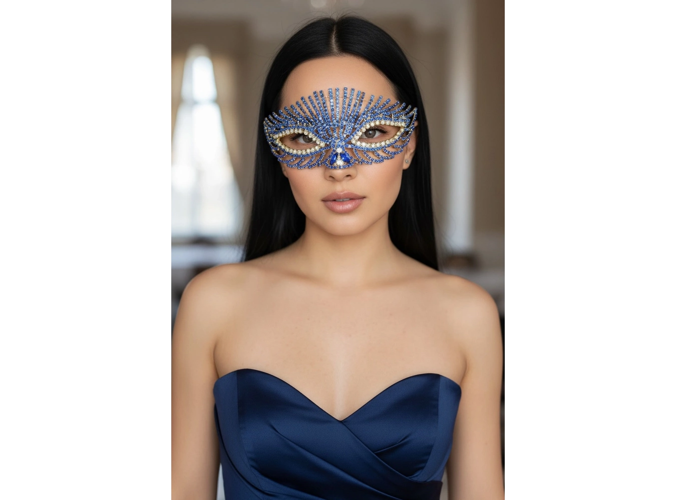 Altın Renk Mavi Taş Detaylı Tasarım Parti Maskesi