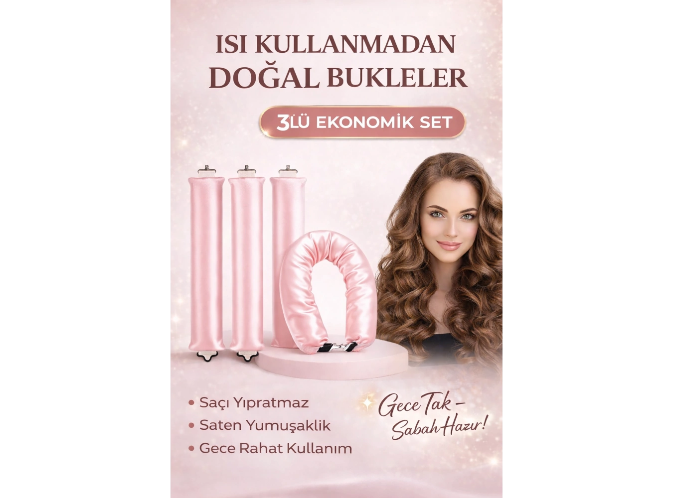 Pembe Renk Isısız Saç Şekillendirici Saten Saç Sosisi