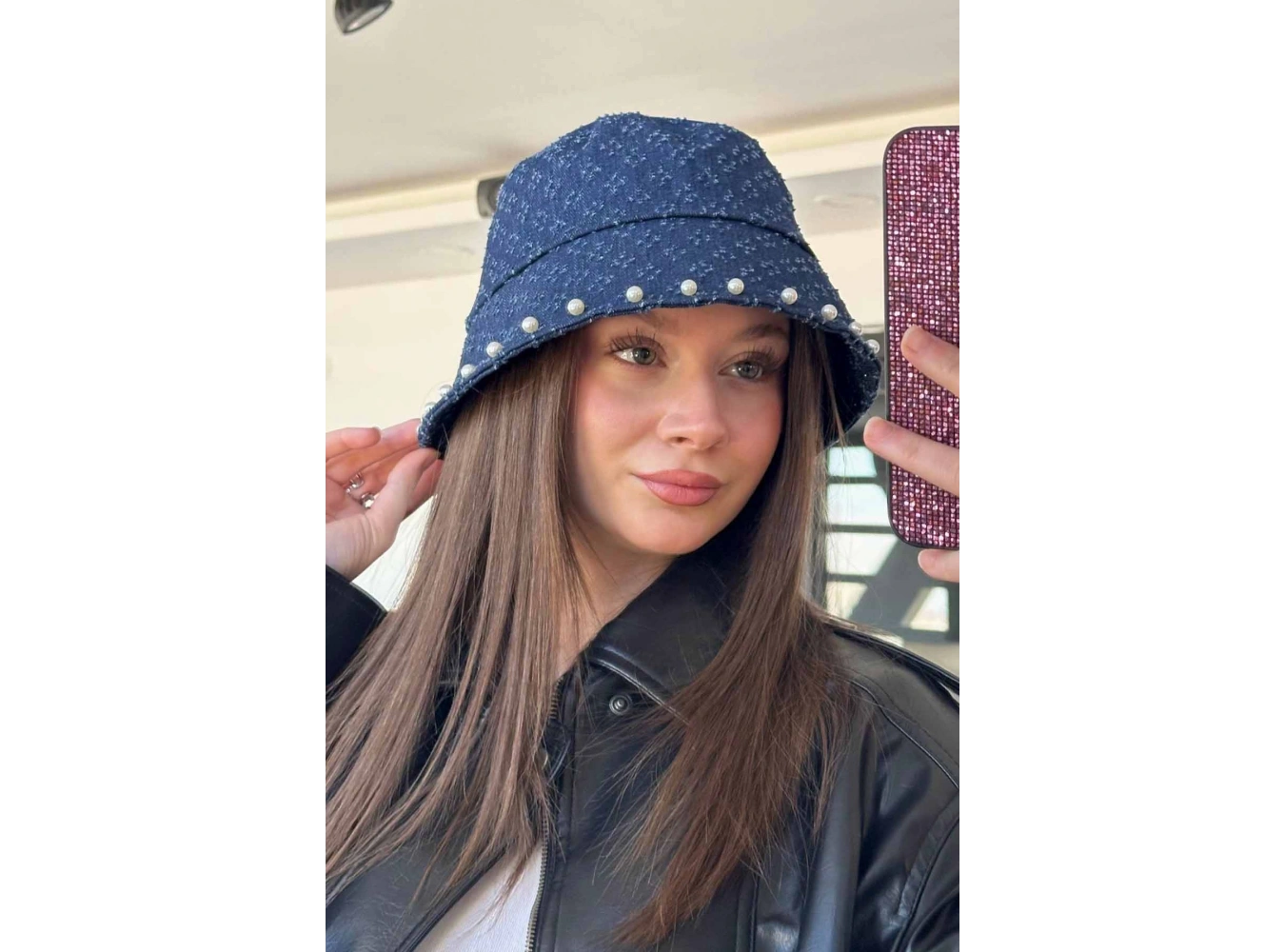 Mavi Renk İnci Detaylı Kot Tasarım Şapka