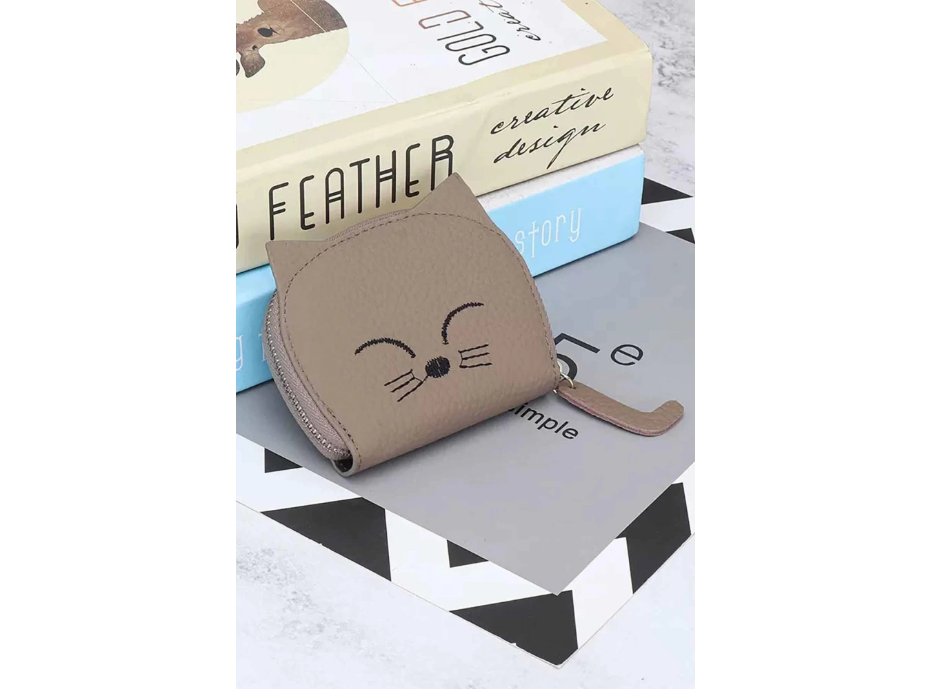 Açık Kahve Renk Kedi Figürlü Cüzdan/Kartlık