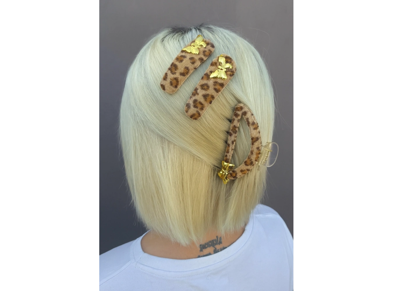 Açık Kahve Renk Kelebek Figürlü Leopar Desenli Mandal Toka Ve Yan Toka Set