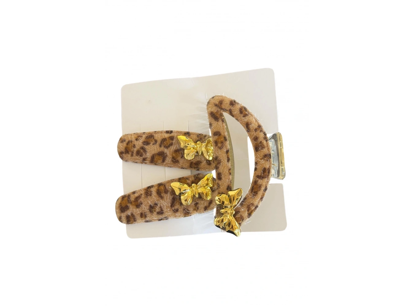 Açık Kahve Renk Kelebek Figürlü Leopar Desenli Mandal Toka Ve Yan Toka Set