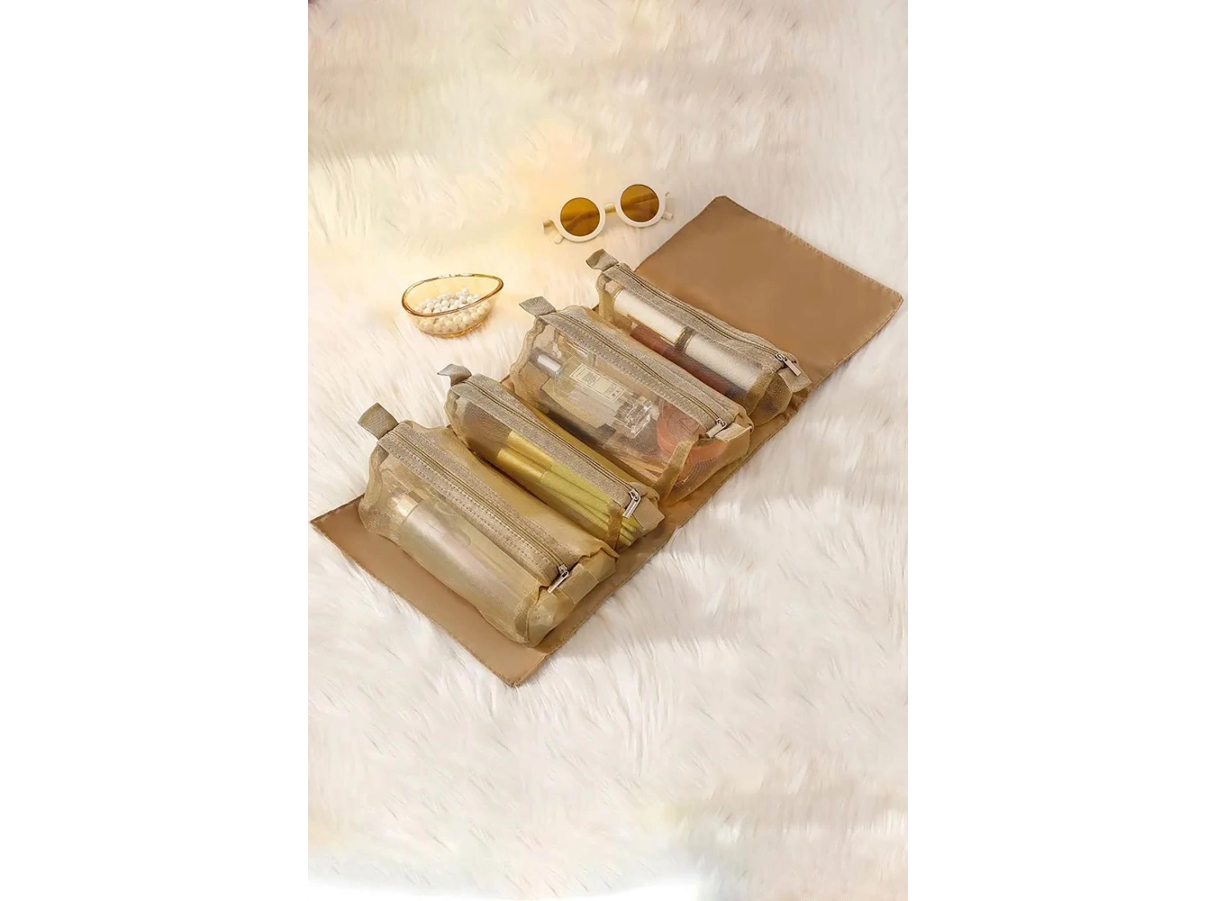 Açık Kahve Renk Kozmetik Kişisel Bakım Rulo Haline Gelen Çanta