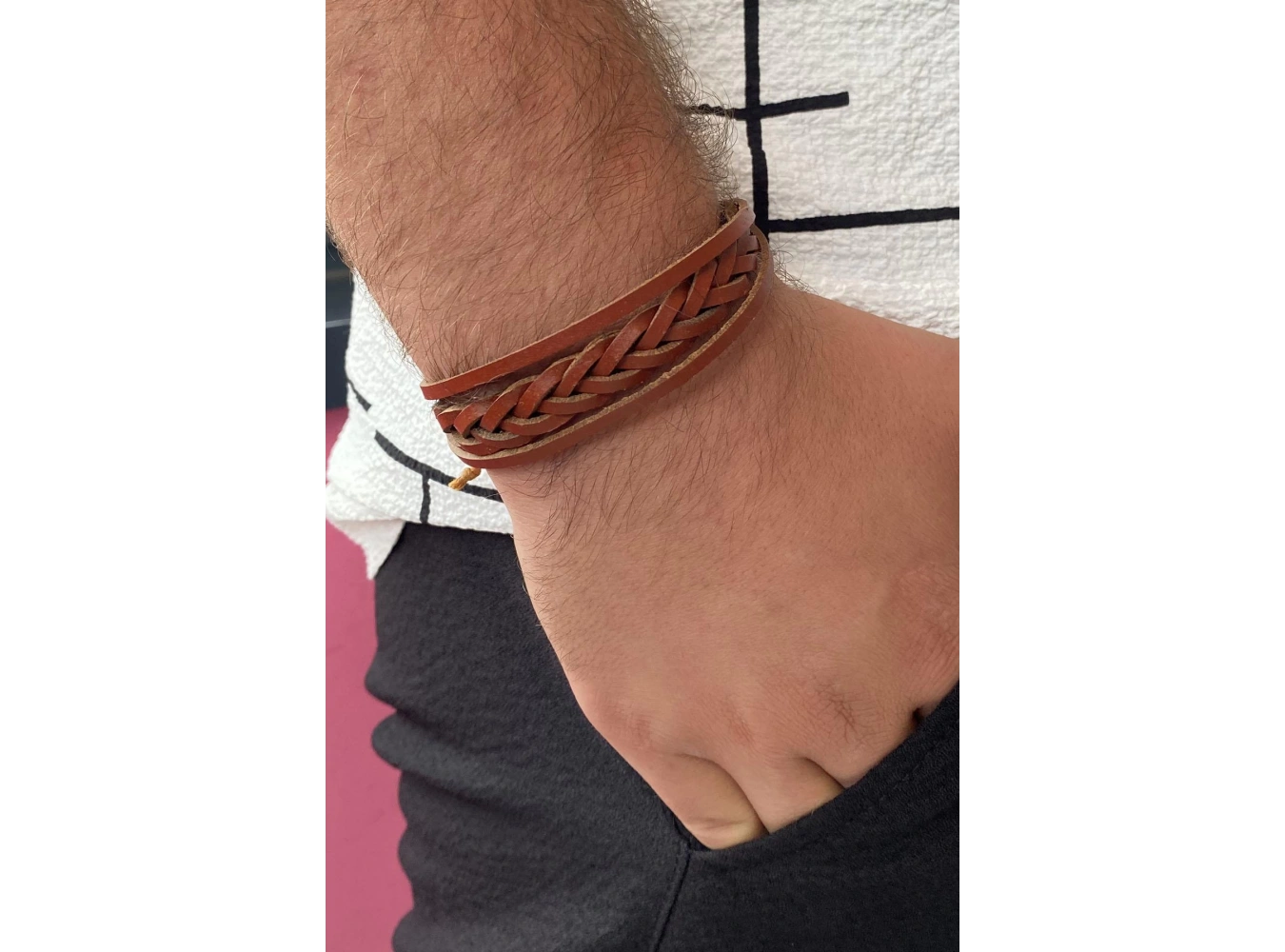 Açık Kahverengi Örgü Figürlü Deri Erkek Bileklik