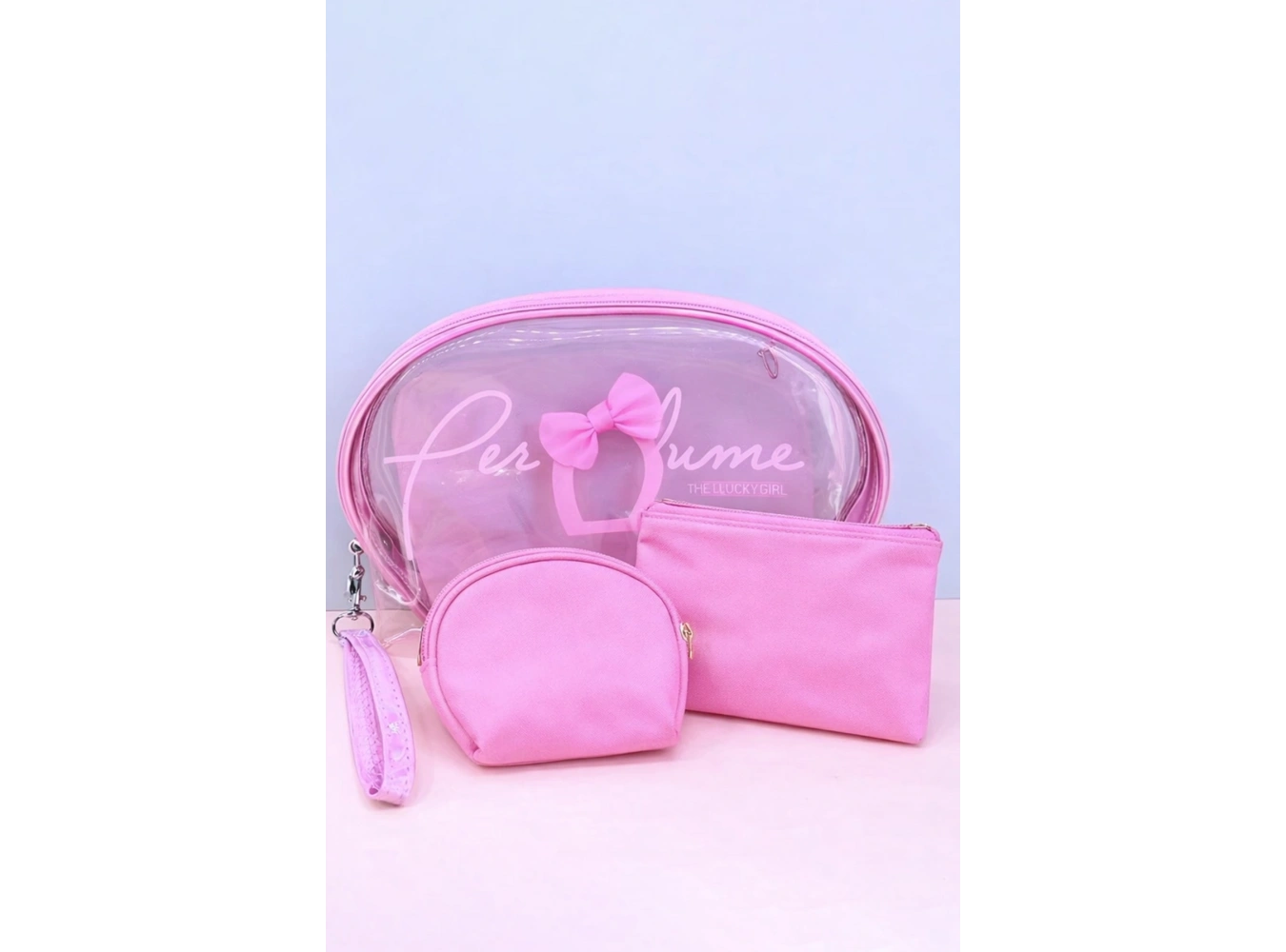 Açık Pembe Renk 3lü Şeffaf Makyaj Çantası