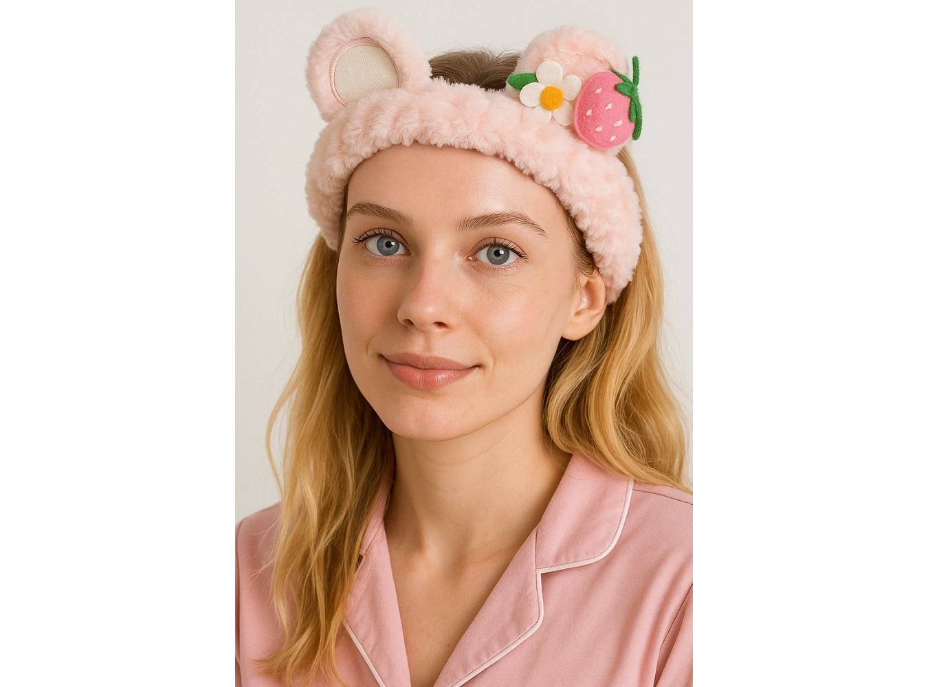 Açık Pembe Renk Çilek Figürlü Peluş Saç Bandı