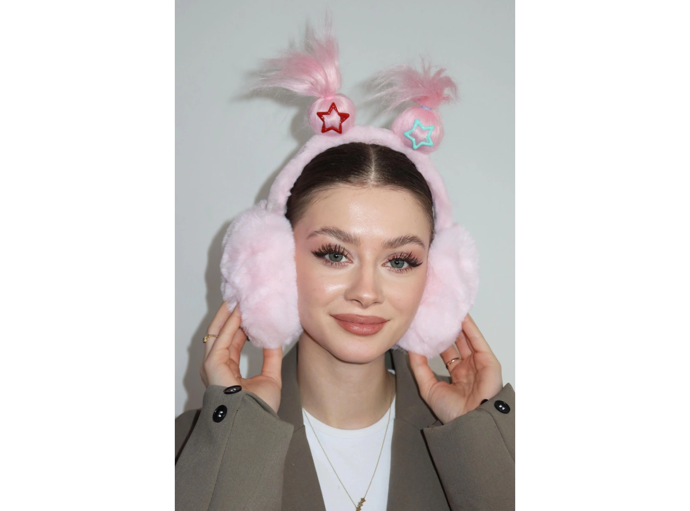 Açık Pembe Renk Saç Detaylı Peluş Kulaklık