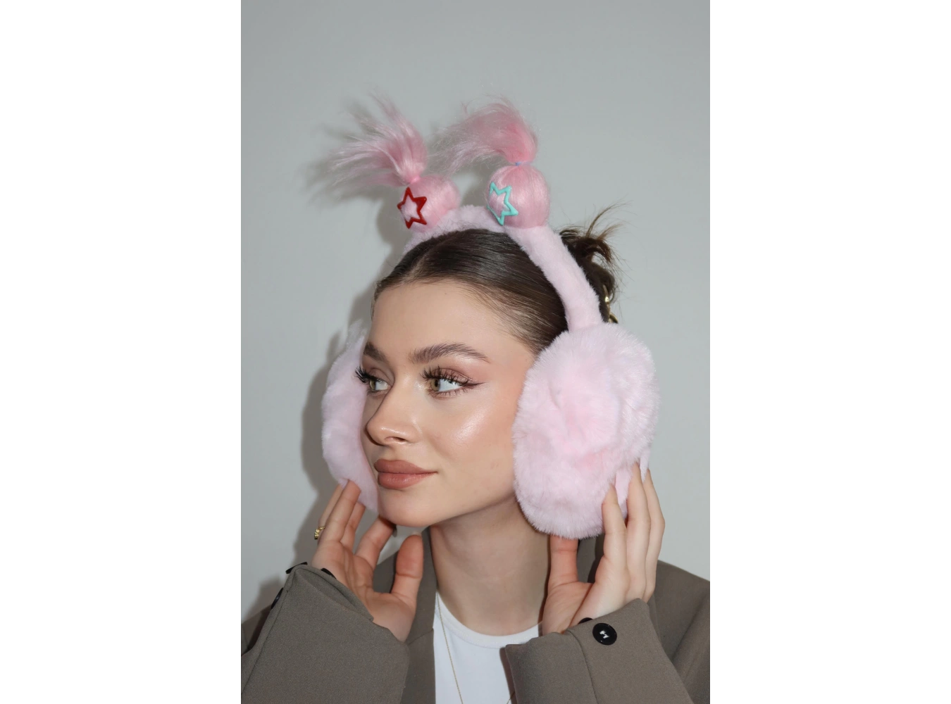 Açık Pembe Renk Saç Detaylı Peluş Kulaklık