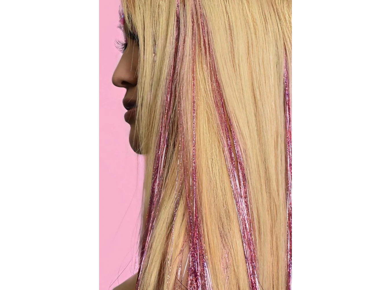 Açık Pembe Renk Simli Yan Postiş Hair Tinsel Shiny Hair (50 Cm)