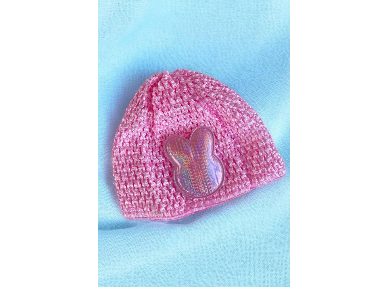 Açık Pembe Renk Tavşan Figürlü Örgü Detaylı Bebek Saç Bandı/ Saç Bonesi