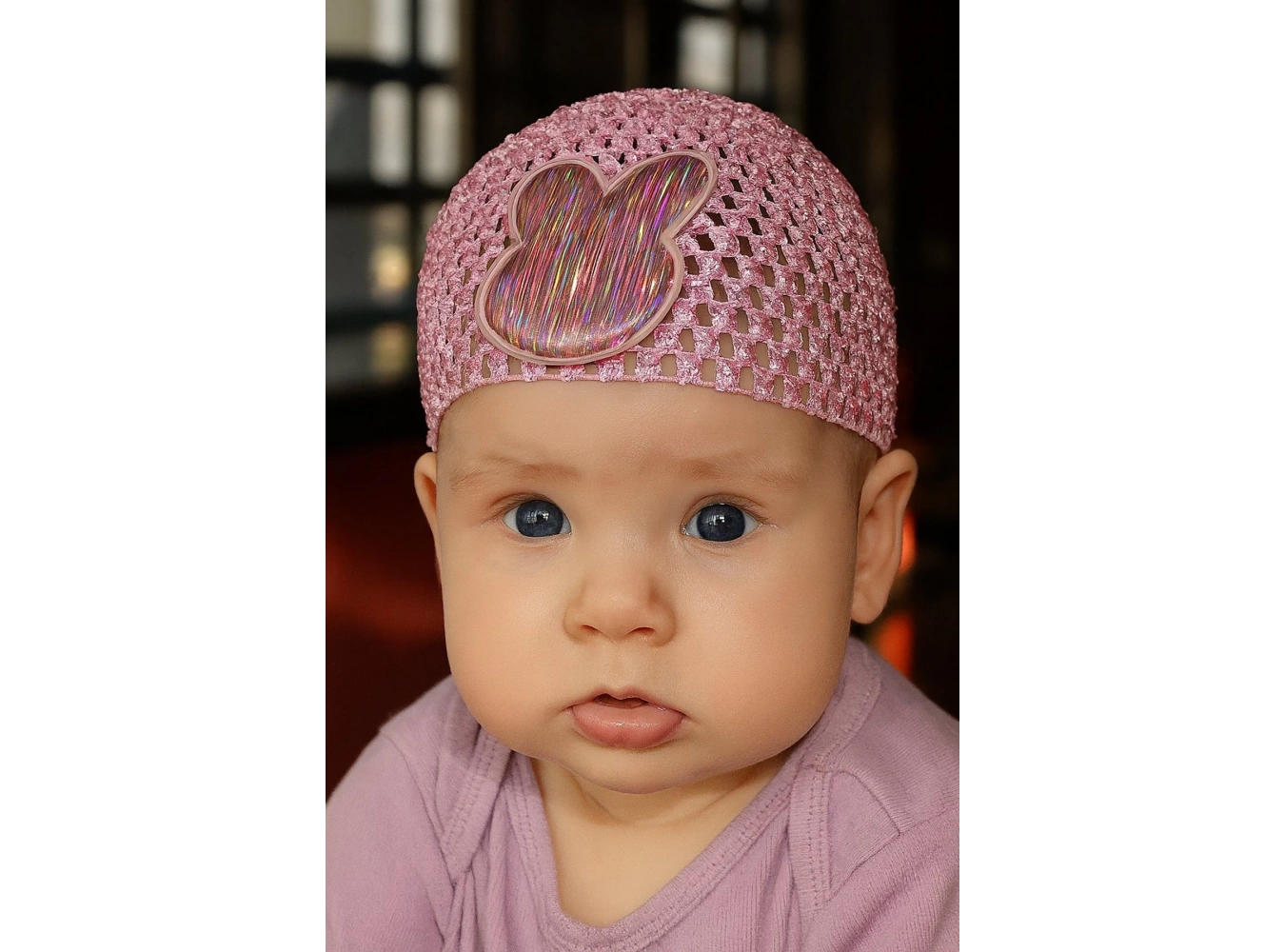 Açık Pembe Renk Tavşan Figürlü Örgü Detaylı Bebek Saç Bandı/ Saç Bonesi