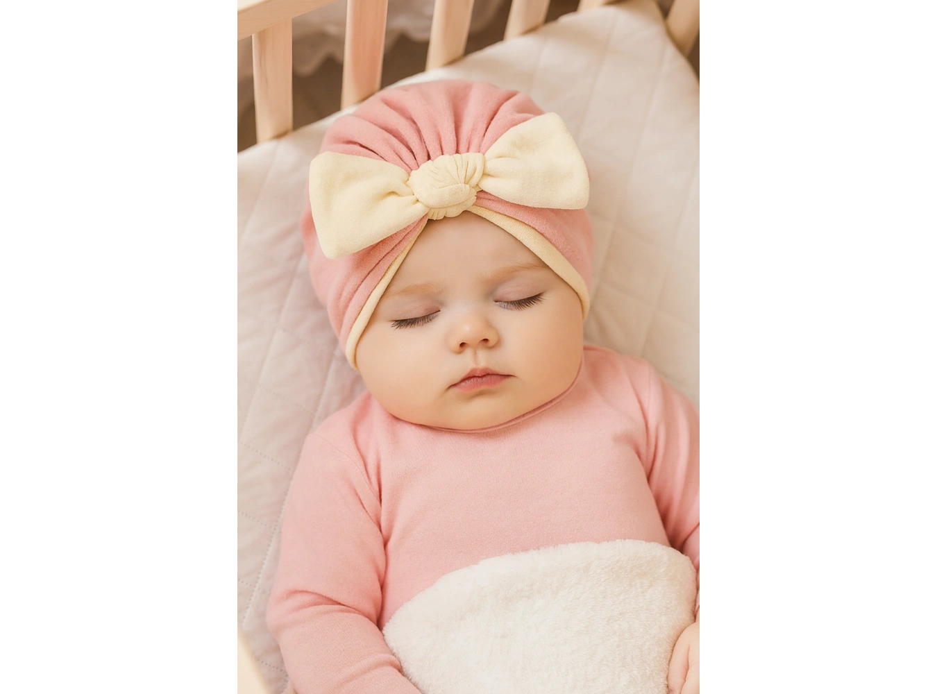 Açık Pembe Ve Krem Renk Kurdele Figürlü Bebek Saç Bonesi