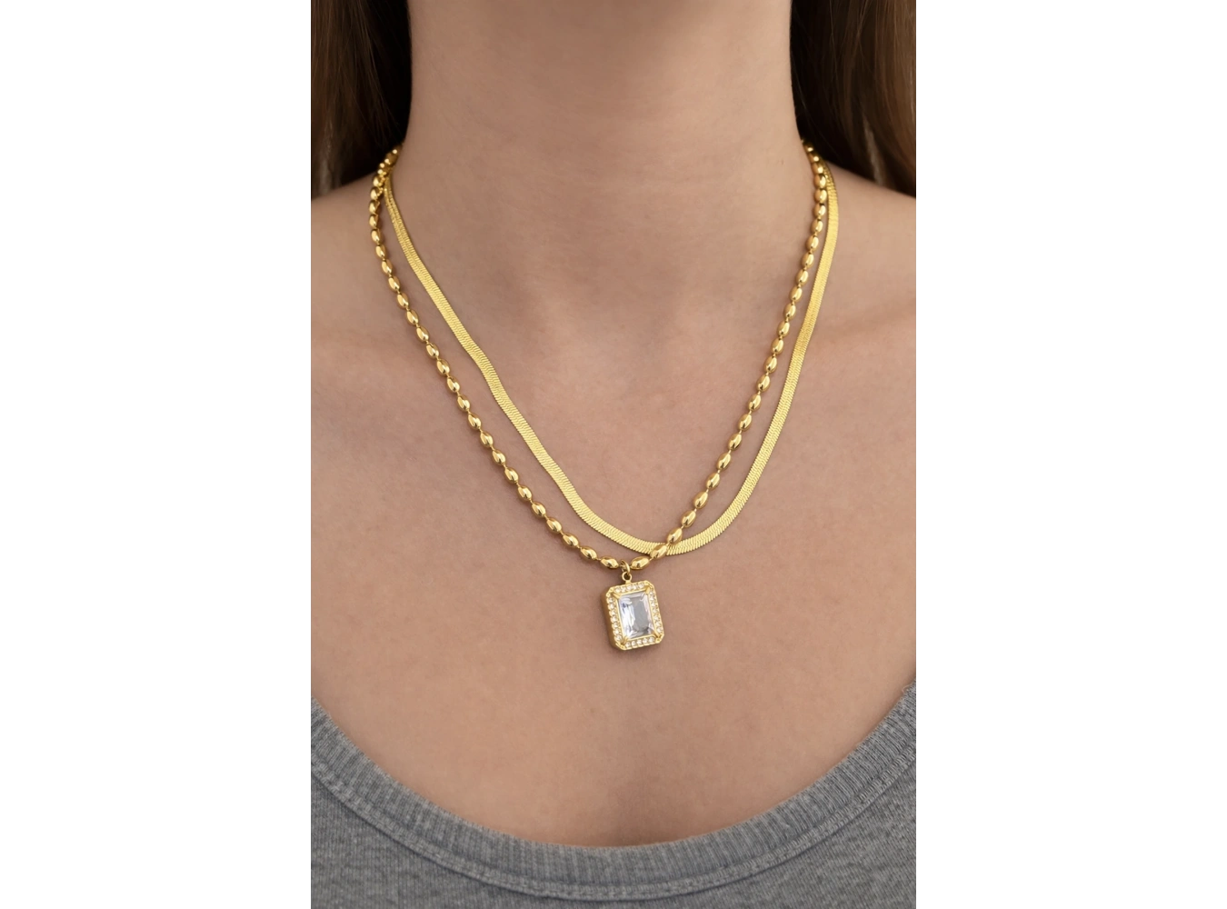 Altın Renk 2lİ Zincir Detaylı Taş Detay Çelik Kolye