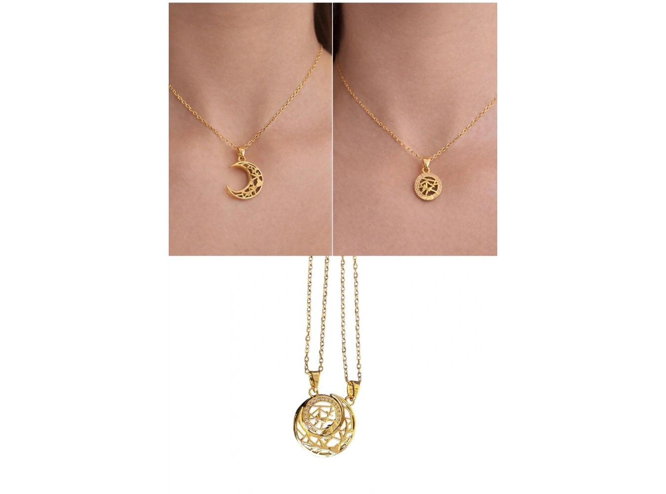 Altın Renk Ay Detaylı İkili Mıknatıslı Çelik Arkadaşlık Kolyesi