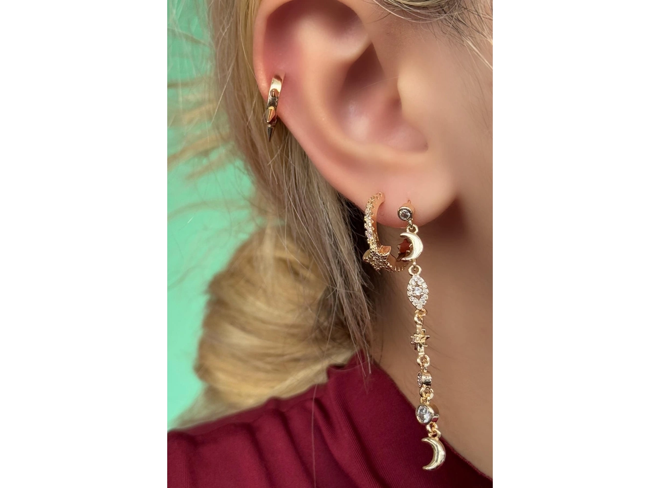 Altın Renk Ay Ve Yıldız Figürlü Taş Detaylı VİP 3lü YSX Küpe Set