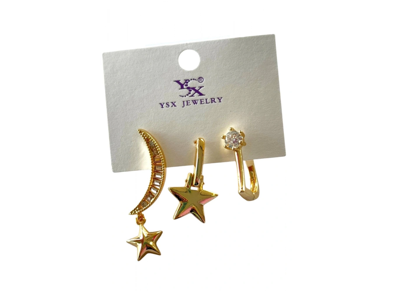 Altın Renk Ay Ve Yıldız Figürlü Taş Detaylı VİP 3lü YSX Küpe Set