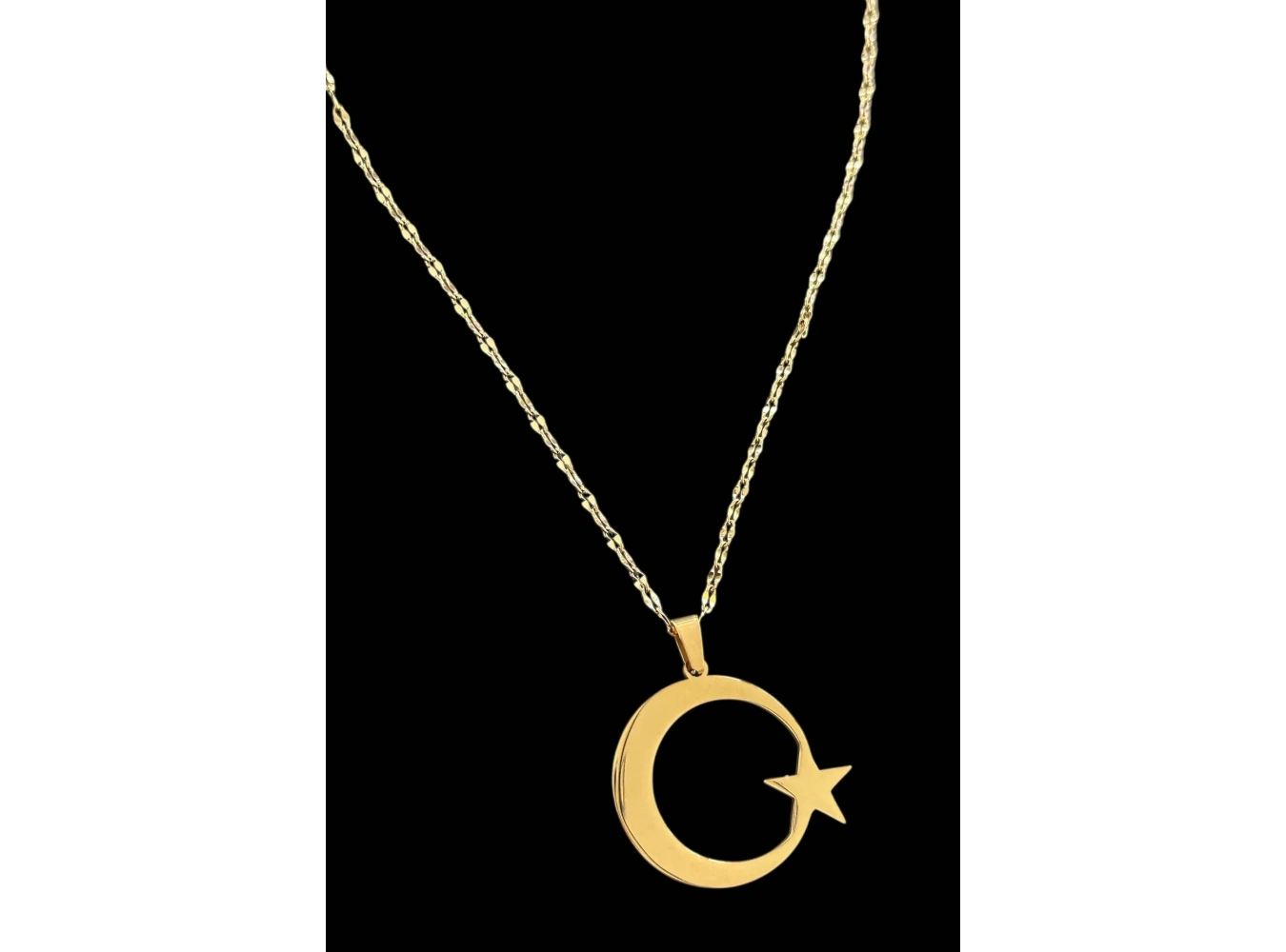 Altın Renk Ay Yıldız Figürlü Çelik Kolye