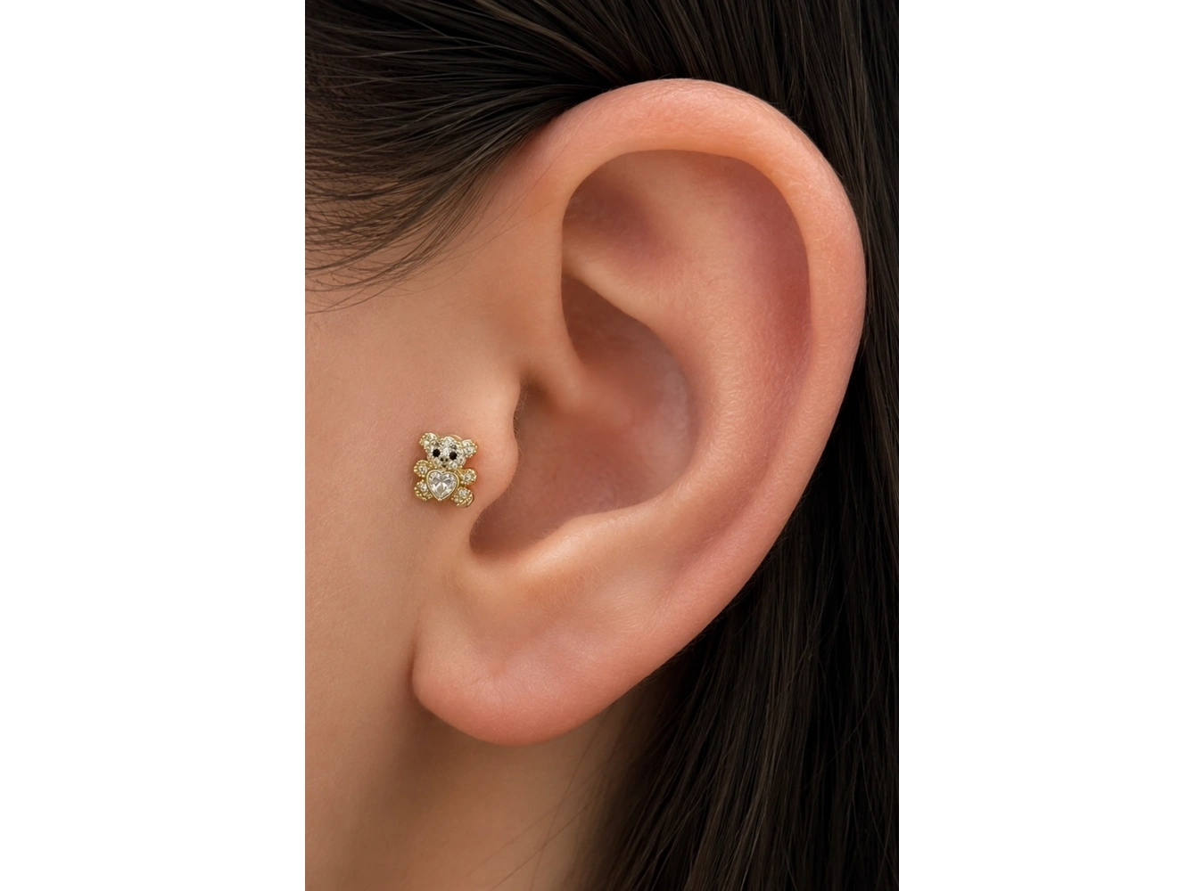 Altın Renk Ayıcık Figürlü  Taşlı Cerrahi Çelik Tragus/Kıkırdak Küpe/Piercing (Tek)