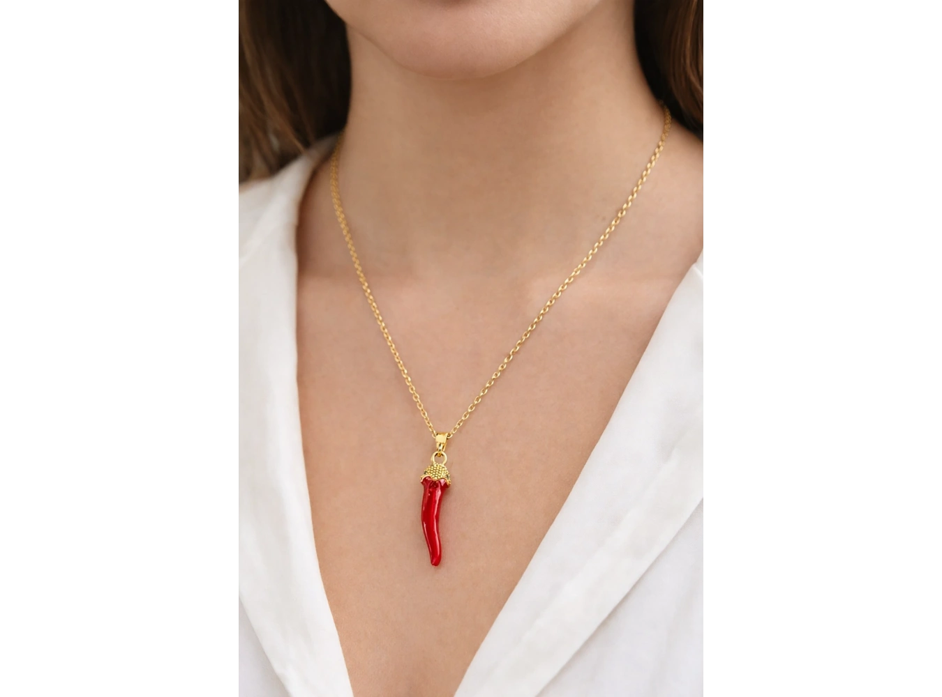 Altın Renk Biber Figürlü Çelik Şans Kolyesi