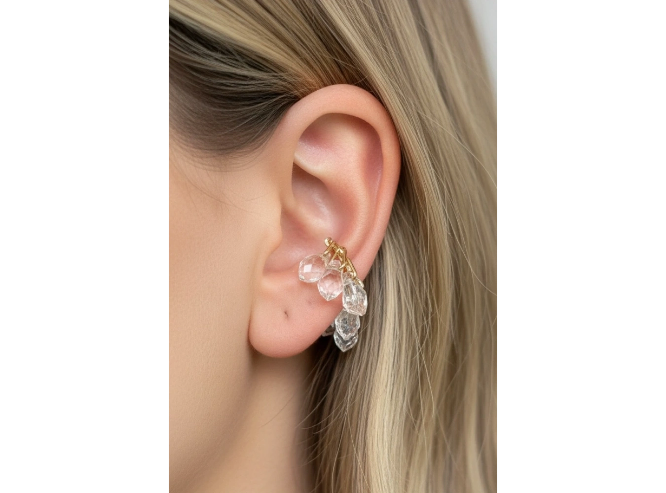 Altın Renk Boncuk Detaylı 14K Altın Kalpama TX Ear Cuff (Tek)