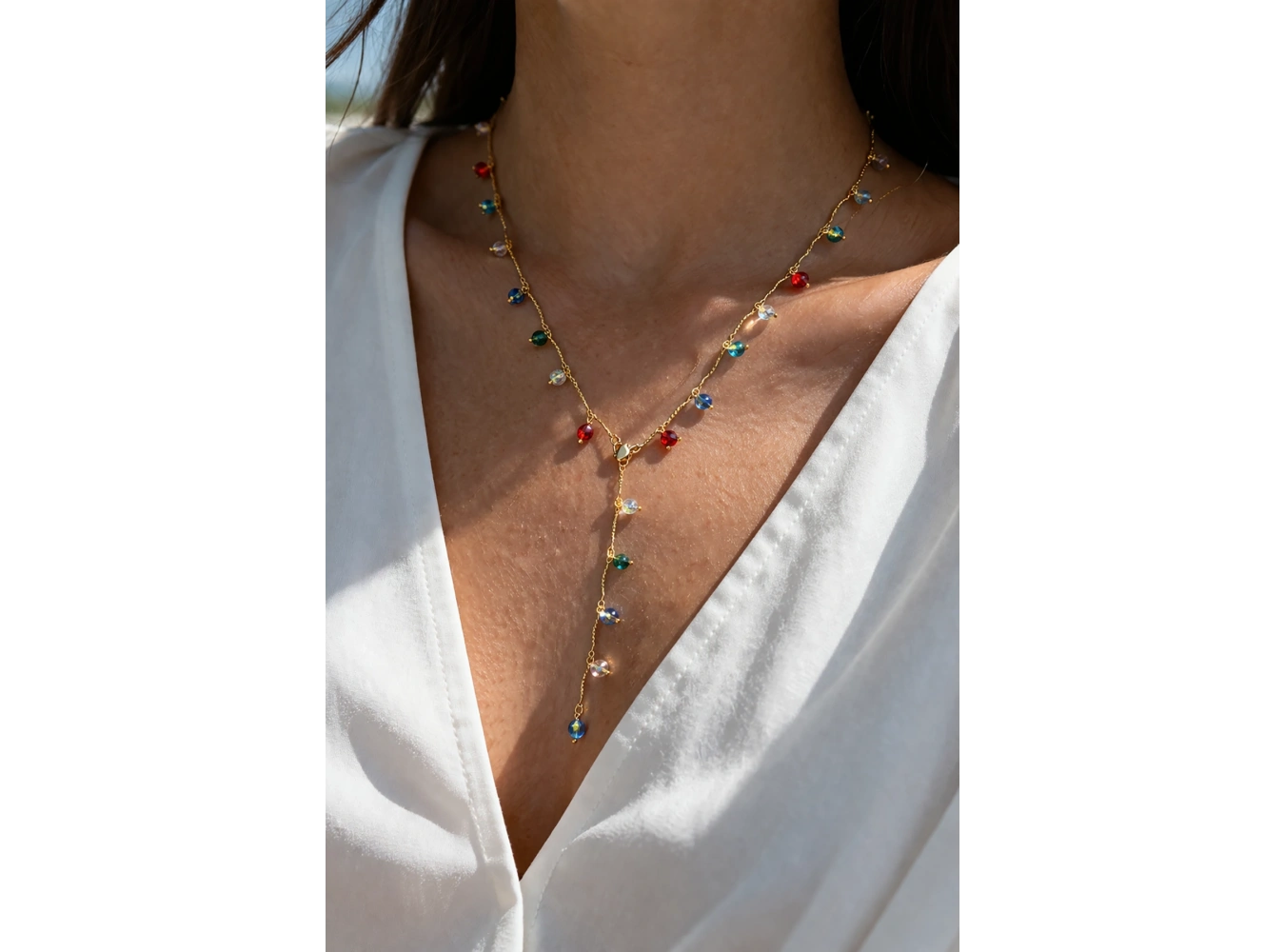 Altın Renk Boncuk Detaylı Çelik Y Kolye