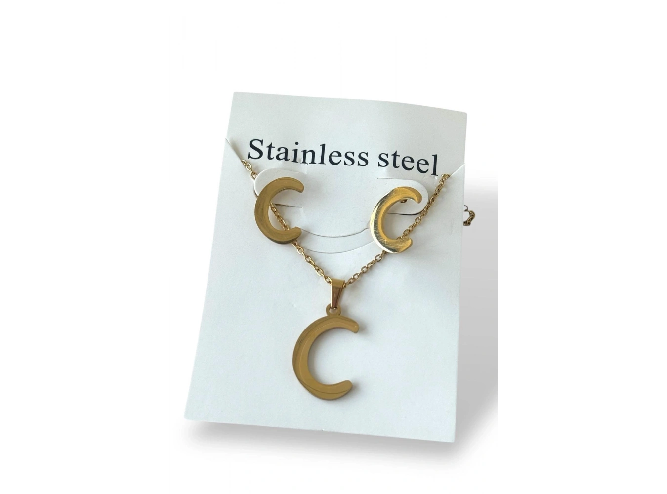 Altın Renk C Harfli Çelik Kolye Set