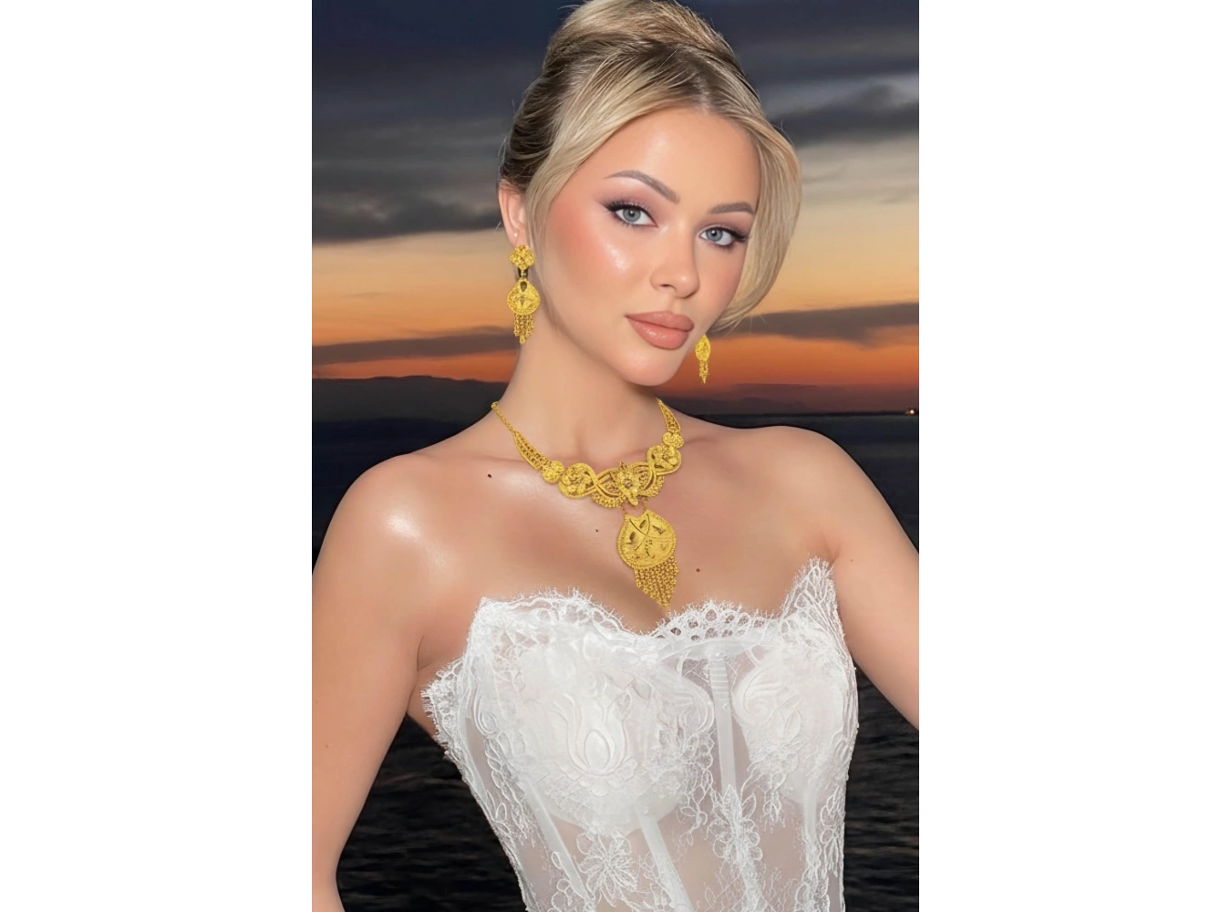 Altın Renk Çelik Kolye, Küpe, Bileklik, Yüzük Düğün Kına Nişan Gelin Seti