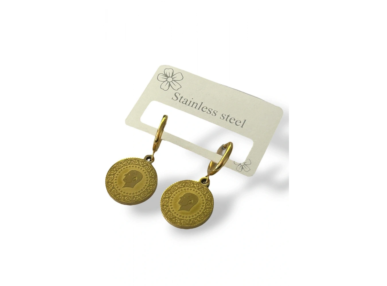 Altın Renk Çeyrek Figürlü Çelik Küpe (Çift)