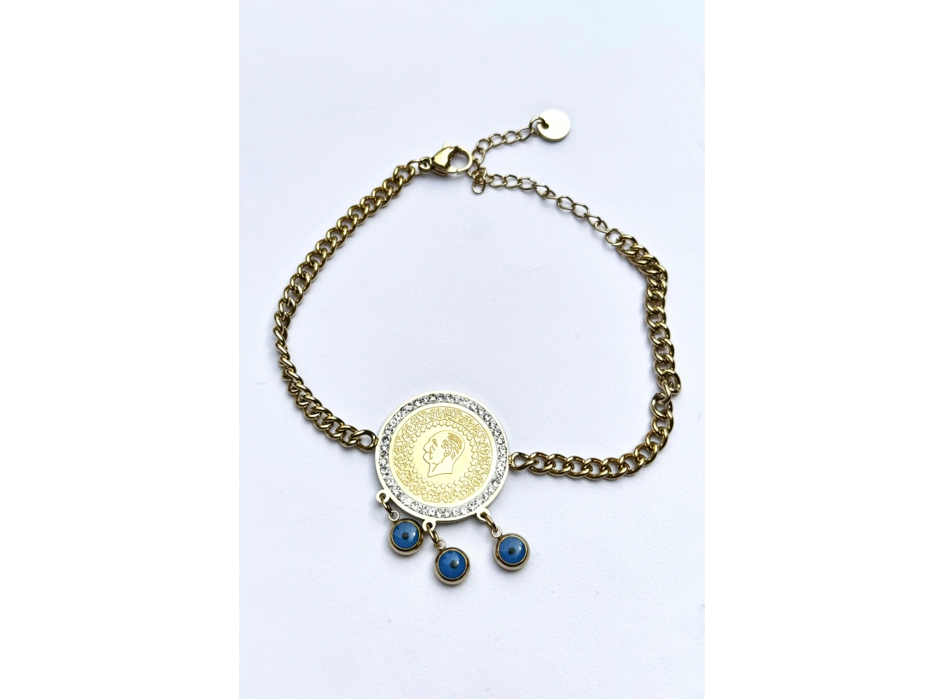 Altın Renk Çeyrek Figürlü Nazar Boncuğu Detaylı Çelik Bileklik