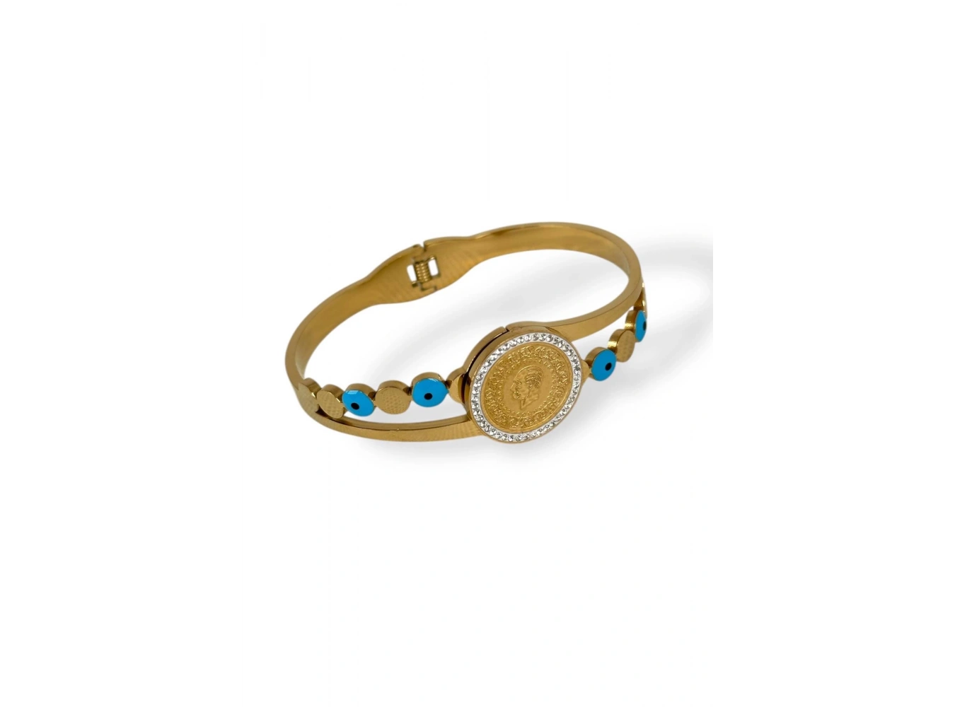 Altın Renk Çeyrek Figürlü Nazar Boncuğu Detaylı Çelik Kelepçe Bileklik