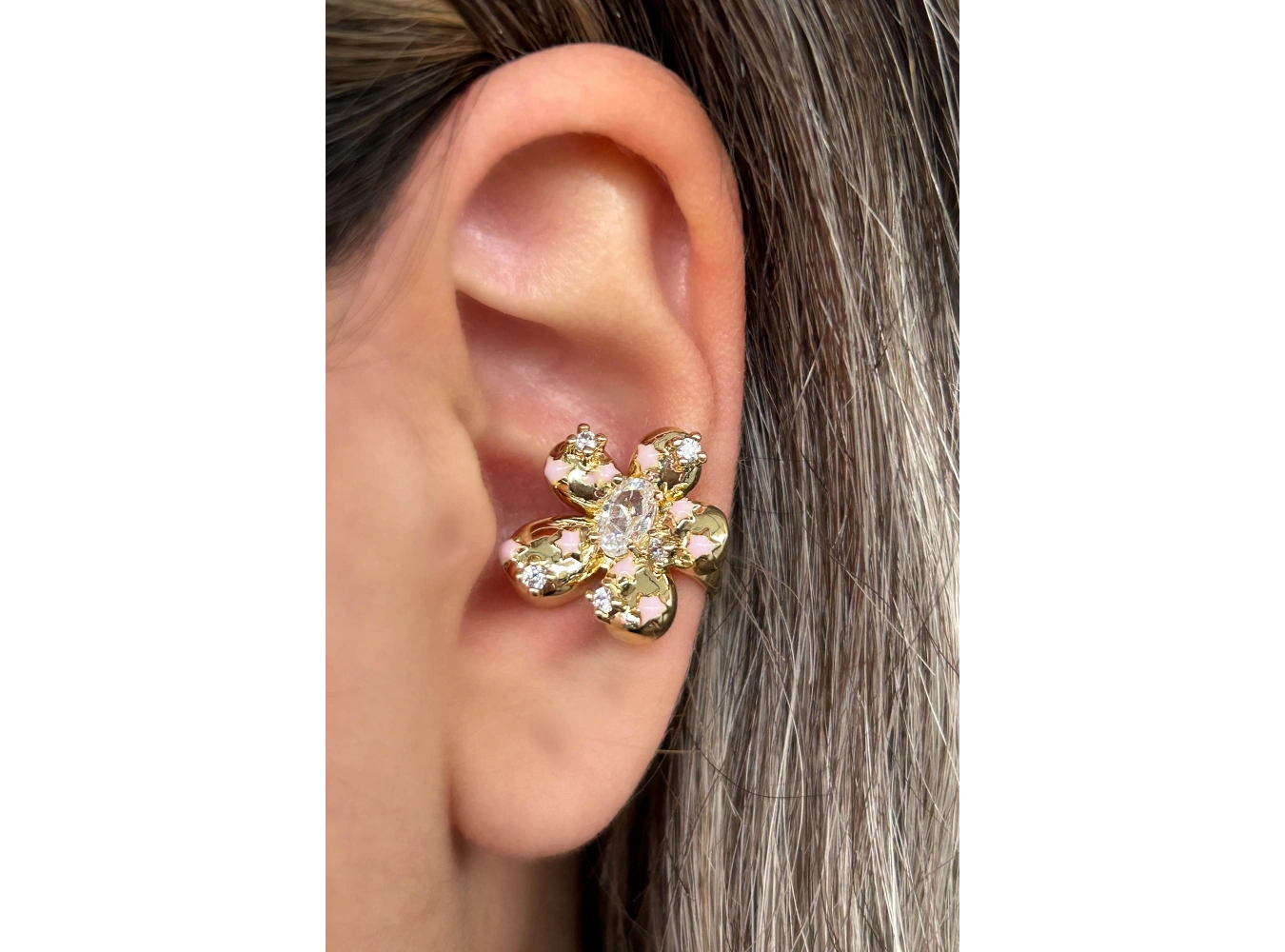 Altın Renk Çiçek Figürlü 14K Altın Kaplama TX Ear Cuff (Tek)