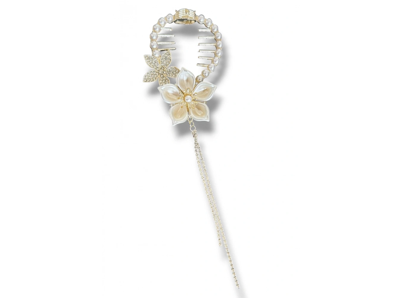 Altın Renk Çiçek Figürlü İnci Ve Taş Detaylı Topuz Toka
