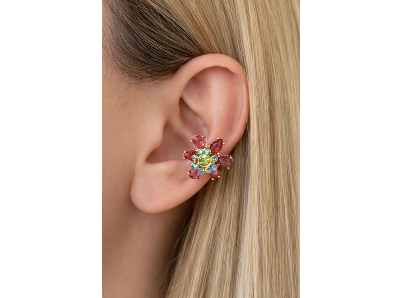 Altın Renk Çiçek Figürlü Taşlı Ear Cuff Küpe (Tek)