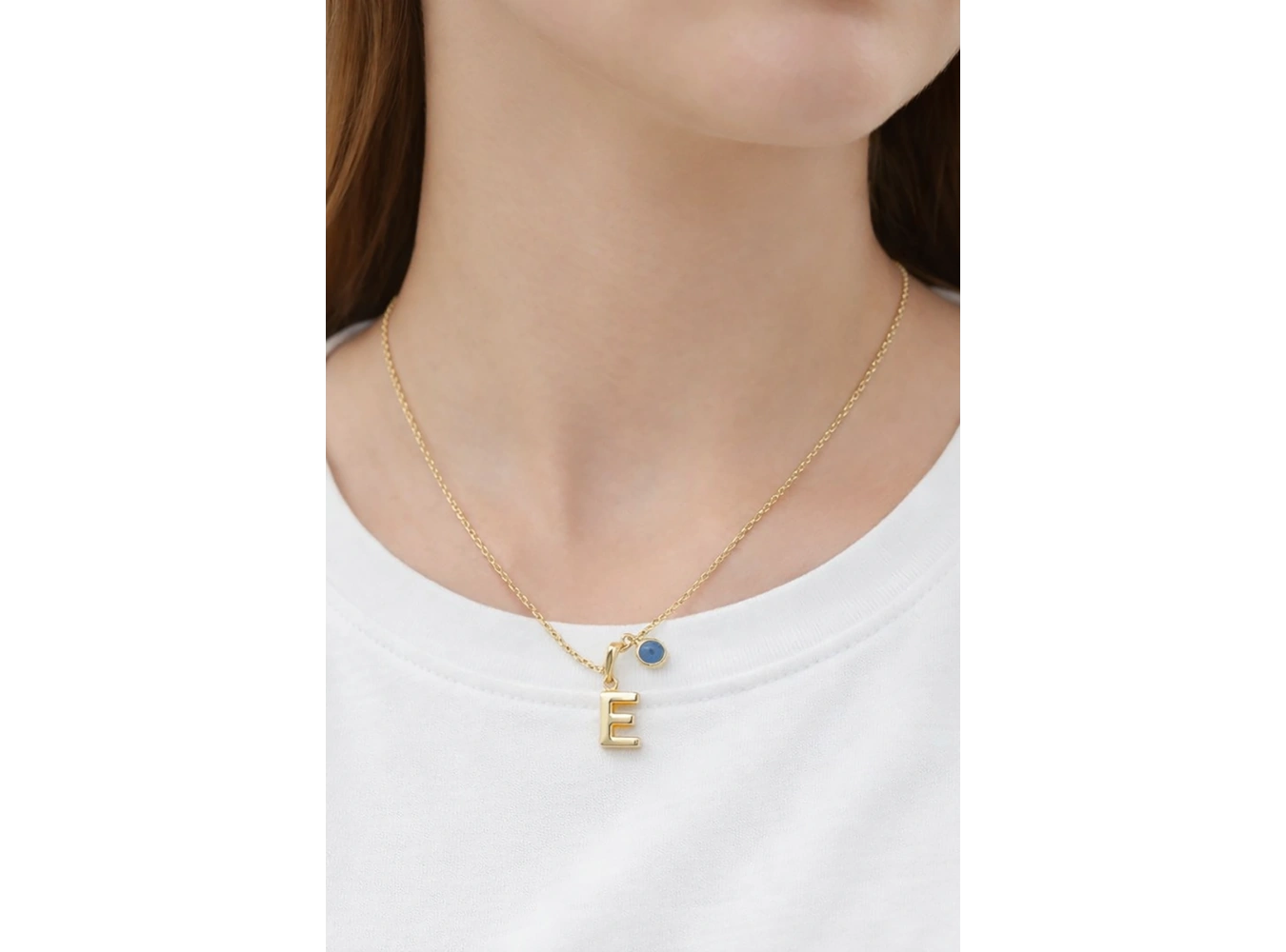 Altın Renk E Harfli Nazar Boncuk Detaylı Çelik Kolye