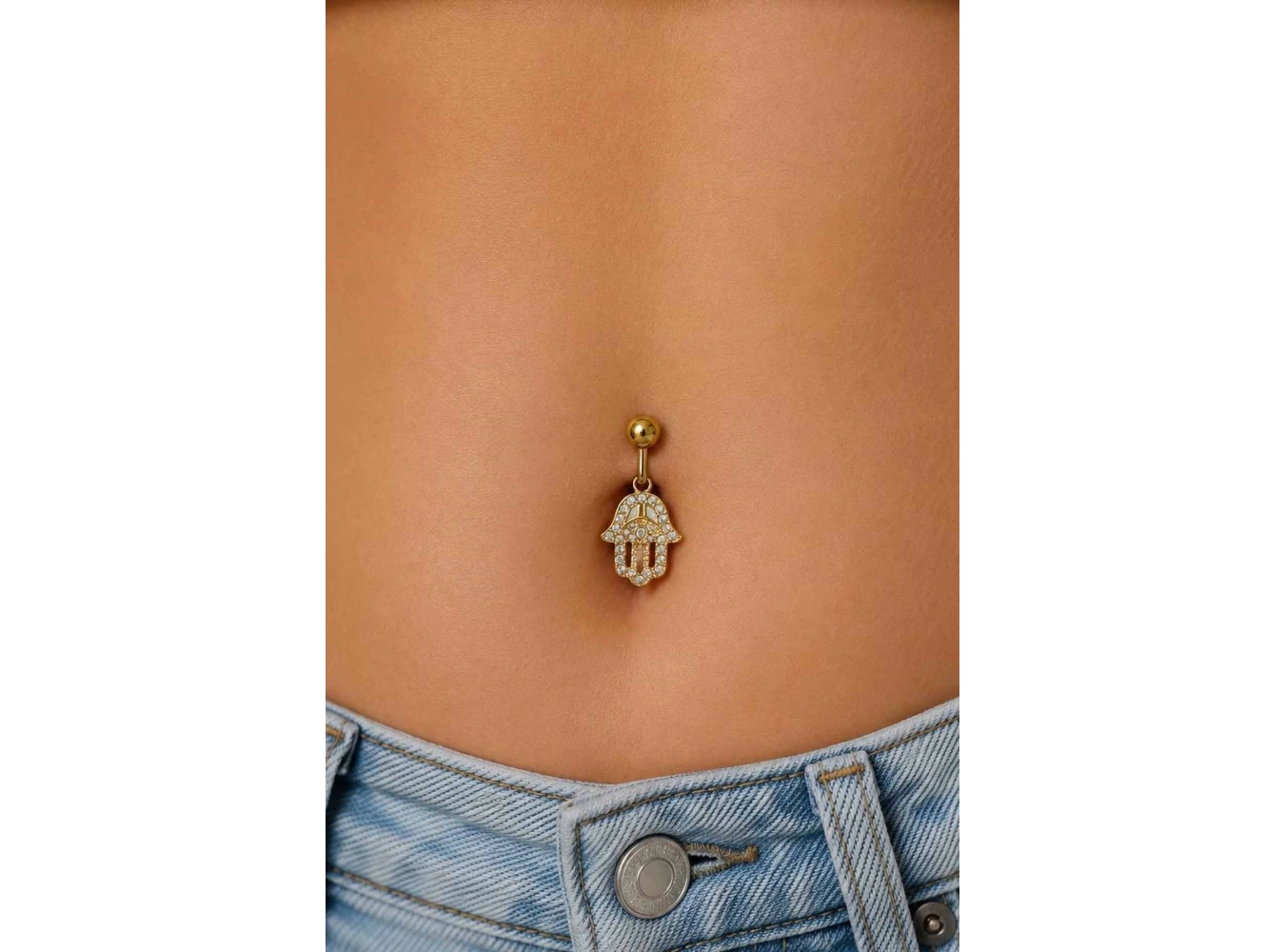 Altın Renk Fatma Ana Eli Figürlü Taşlı Cerrahi Çelik Göbek Piercing