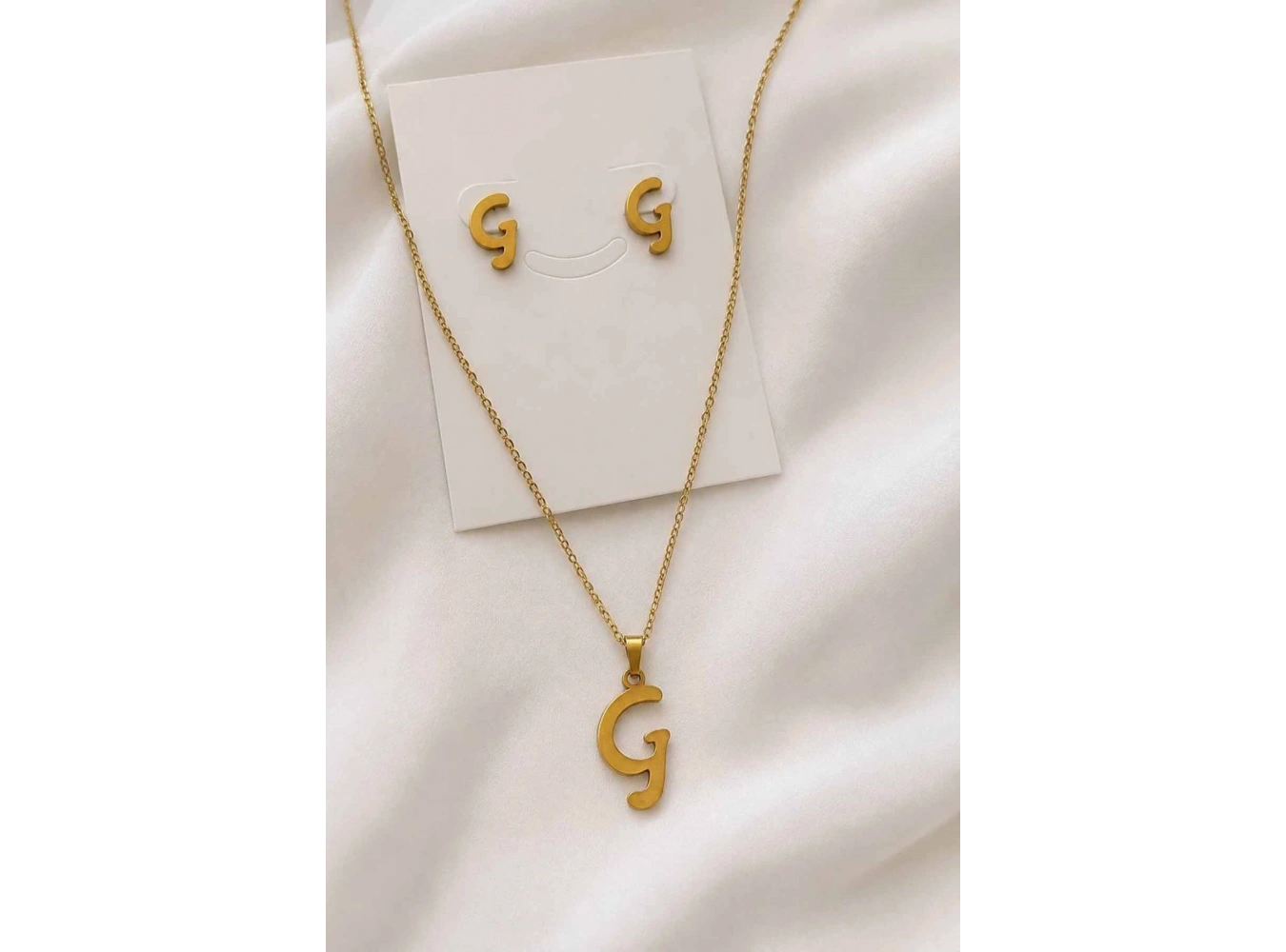 Altın Renk G Harfli Çelik Kolye/Küpe Set