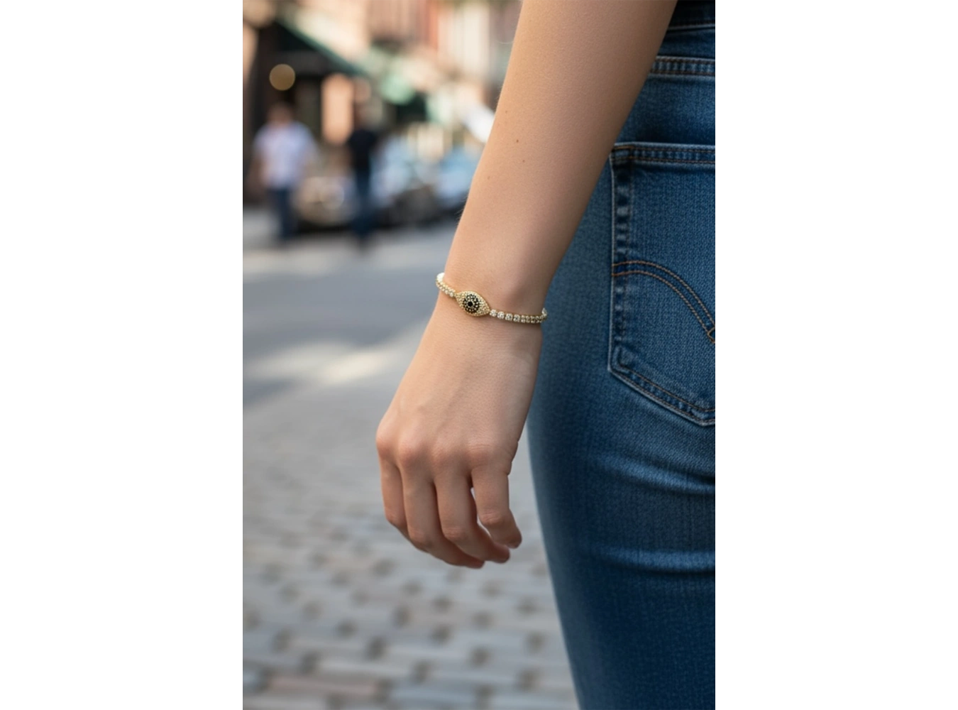 Altın Renk Göz Detaylı Taşlı 14K Altın Kaplama Tx Bileklik