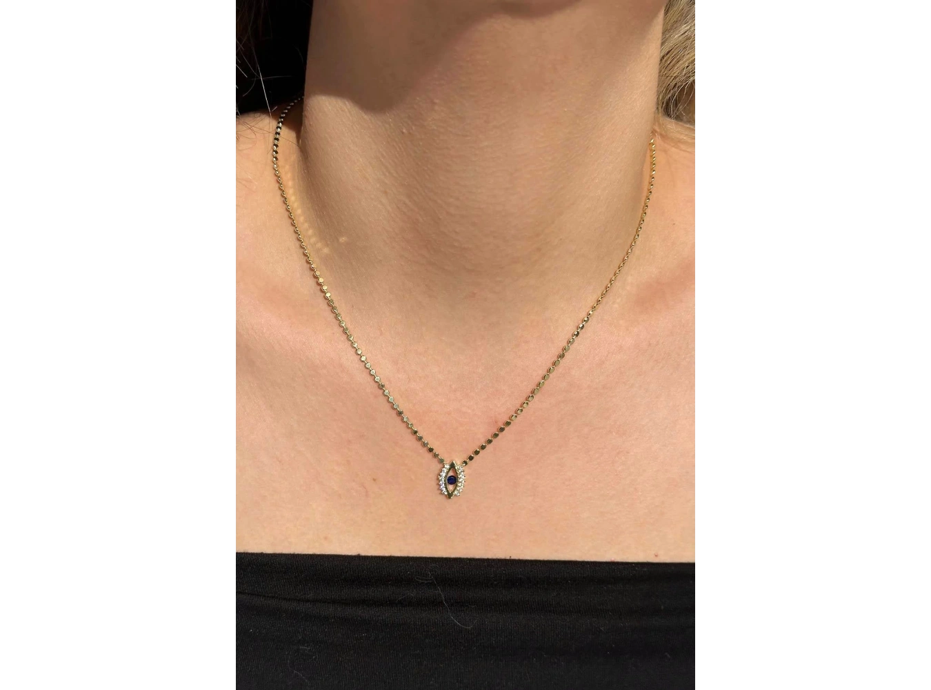 Altın Renk Göz Figürlü 14K Altın Kaplama Vip Ezme Zincir Kolye