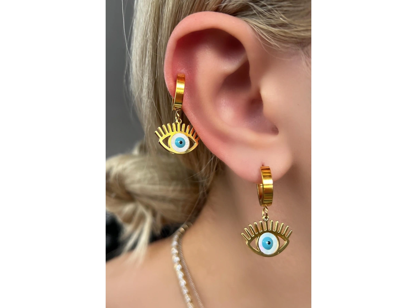 Altın Renk Göz Figürlü Çelik Küpe (Çift)