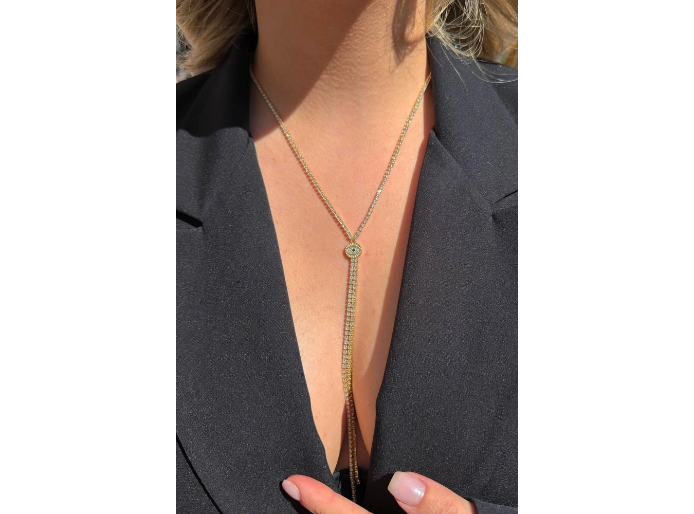 Altın Renk Göz Figürlü Taş Detaylı 14K Altın Kaplama Kolye