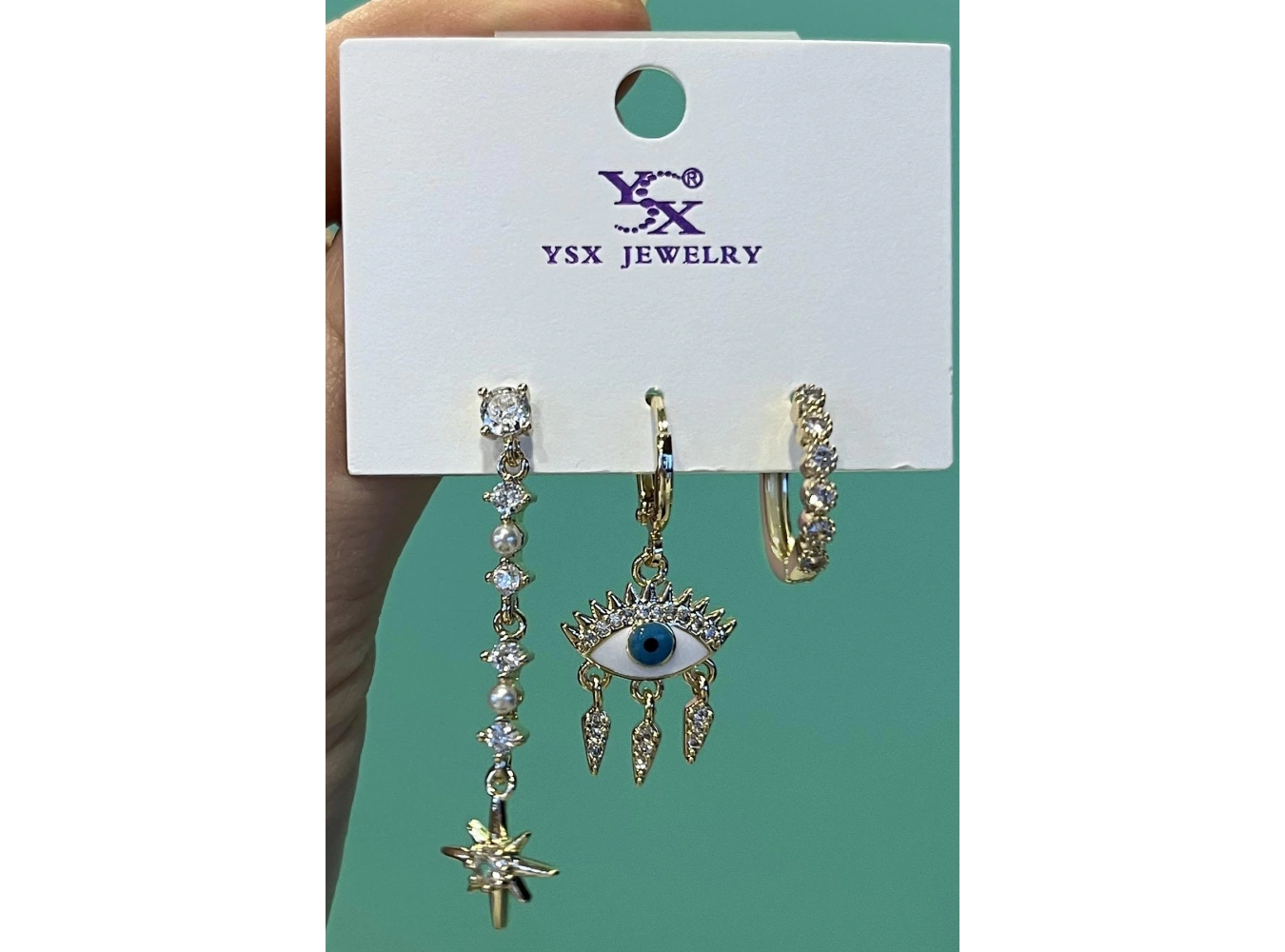 Altın Renk Göz Figürlü Taş Detaylı 3lü YSX Küpe Set