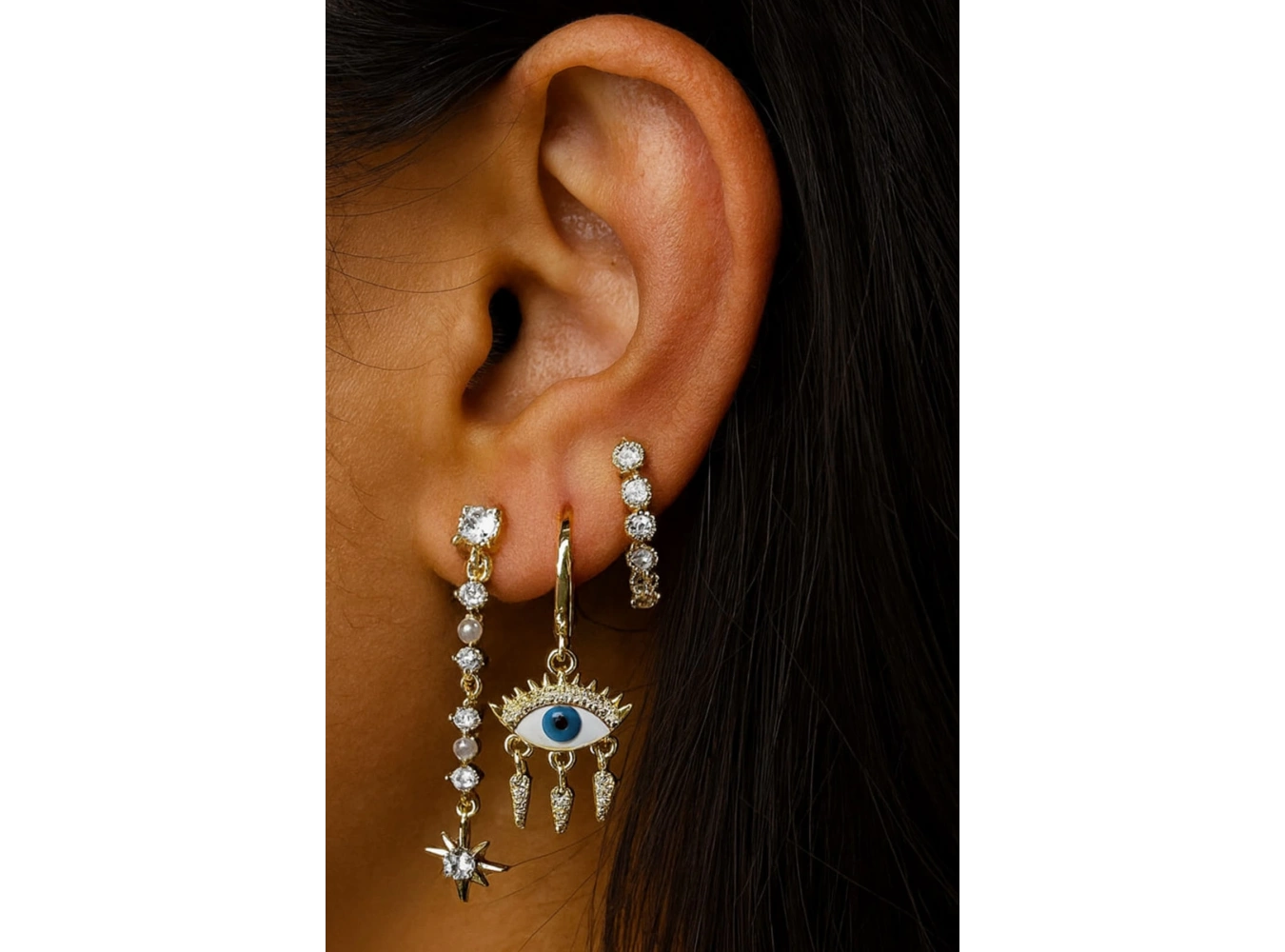 Altın Renk Göz Figürlü Taş Detaylı 3lü YSX Küpe Set