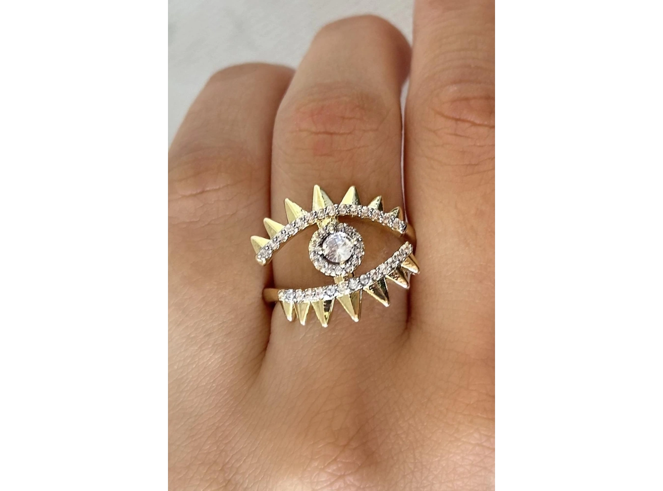 Altın Renk Göz Figürlü Taş Detaylı Ayarlanabilir Yüzük