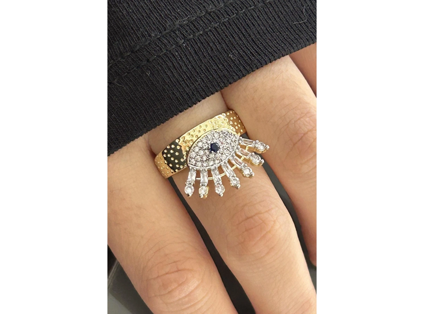 Altın Renk Göz Figürlü Taş Detaylı Ayarlanabilir Yüzük