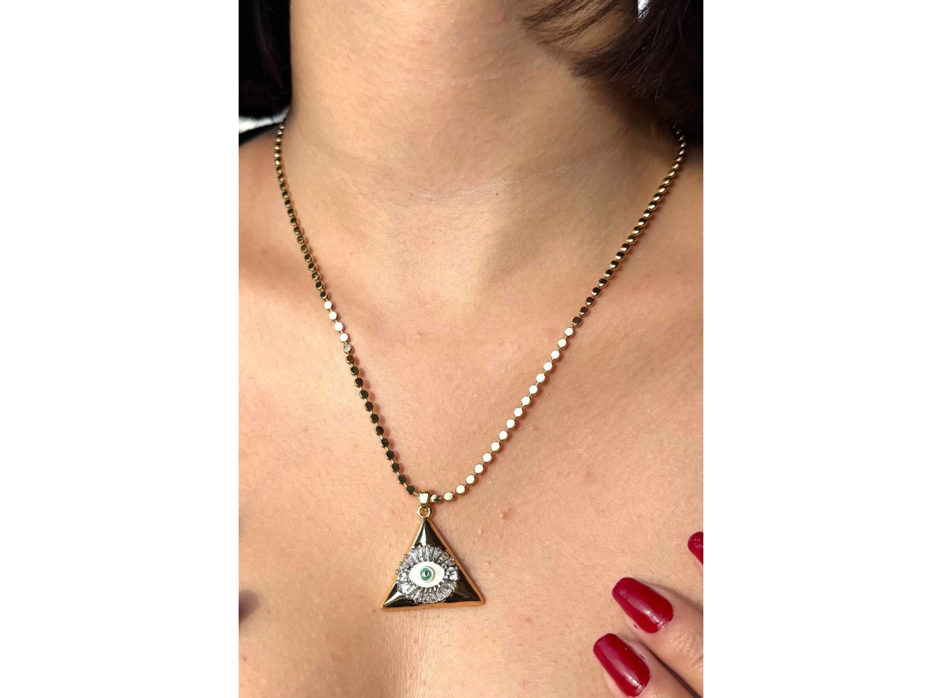 Altın Renk Göz Figürlü Taş Detaylı Ezme Zincirli 14K Altın Kaplama TX Kolye