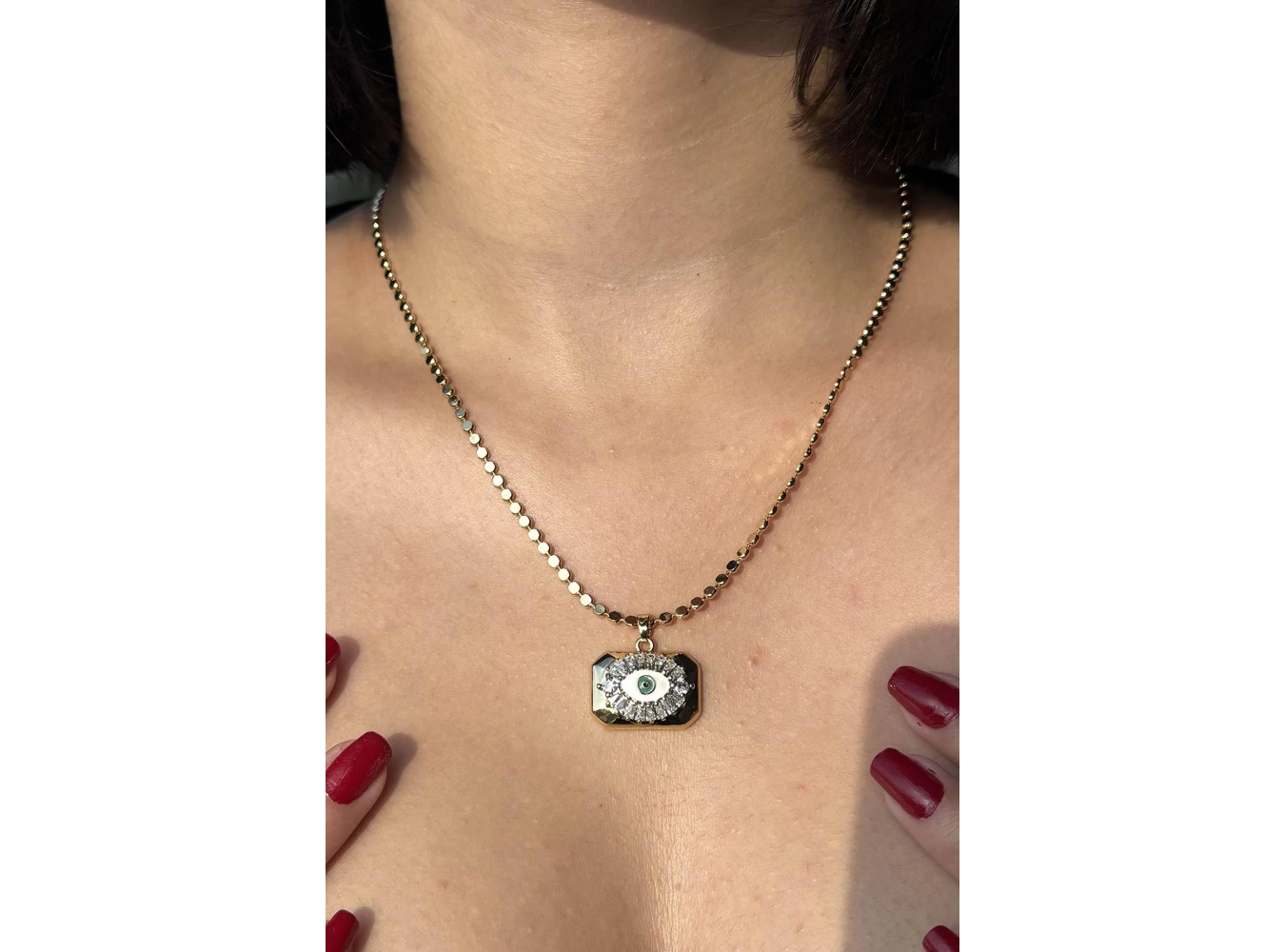 Altın Renk Göz Figürlü Taş Detaylı Ezme Zincirli 14k Altın Kaplama TX Kolye