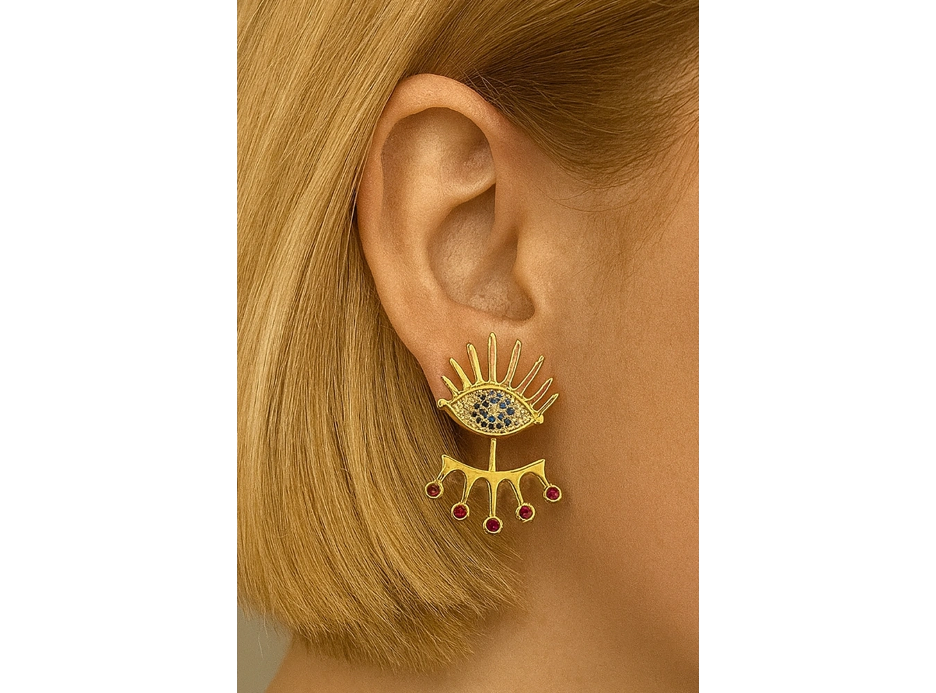 Altın Renk Göz Figürlü Taş Detaylı Küpe (Çift)