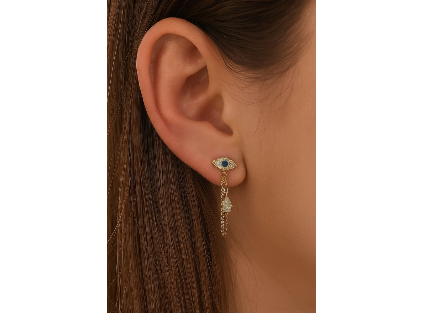 Altın Renk Göz Ve El Figürlü Sallantılı Cerrahi Çelik Tragus/Kıkırdak Küpe/Piercing (Tek)